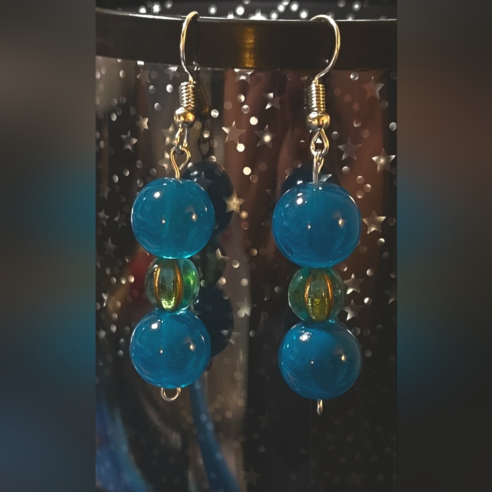 Cadet petrol blue and light teal gold washed melon bead dangle earrings